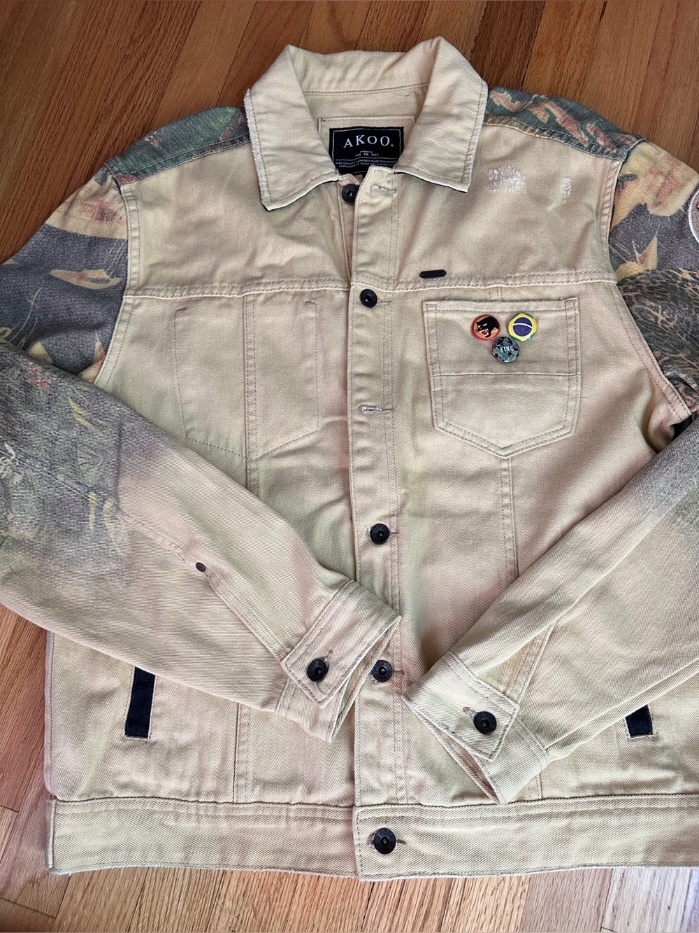 AKOO Distressed Denim Jacket XL Tropical Print Embroidered Streetwear Rio Patch